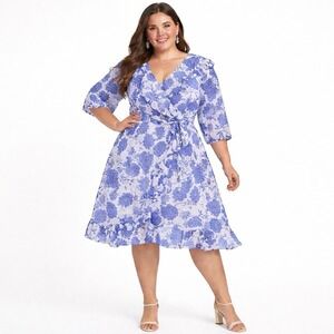 NWT Julian Taylor 22W Blue Floral Faux Wrap Midi Dress Romantic Cottagecore